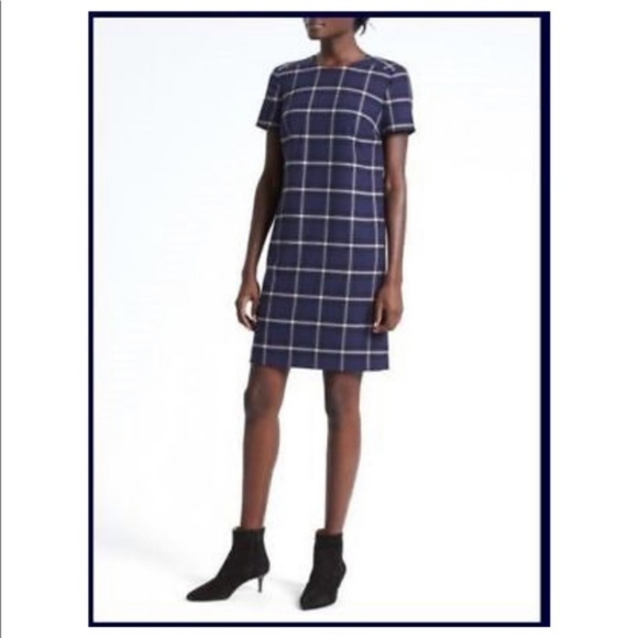 HI SUMMER ☀️ 💙 Banana Republic Women's Short Sleeve Blue Grid Sheath Dress - Picture 2 of 7